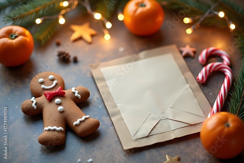 simple Cozy Christmas scene with a smiling gingerbread man, candy canes, a letter, oranges and fairy lights on textured background