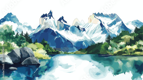 Torres del Paine National Park. Torres del Paine National Park hand drawn watercolor illustration