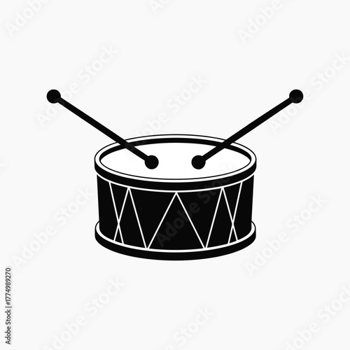 Black and white illustration of a drum with two drumsticks poised above it on a plain background .