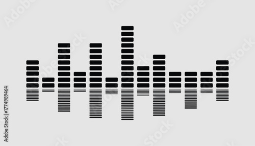 Black audio equalizer bars graphic on a light gray background with varying heights sound wave music