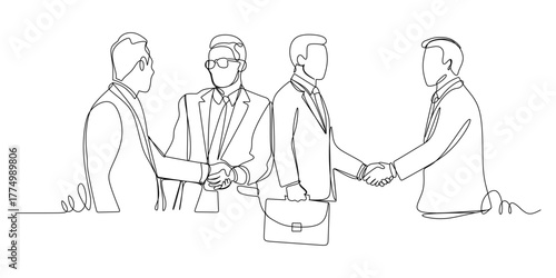 Continuous one line drawing  business partners  clients shaking hands  concluding a deal  an agreement. Business concept. Editable stroke. Doodle vector illustration