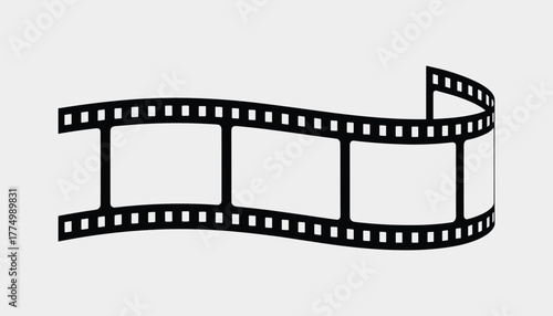 Black film strip with empty frames curving across a light gray background movie cinema vector illustration.