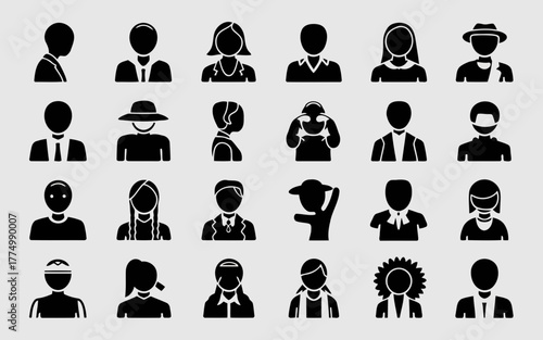 Collection of diverse human silhouette icons representing various professions and activities, isolated on a plain background