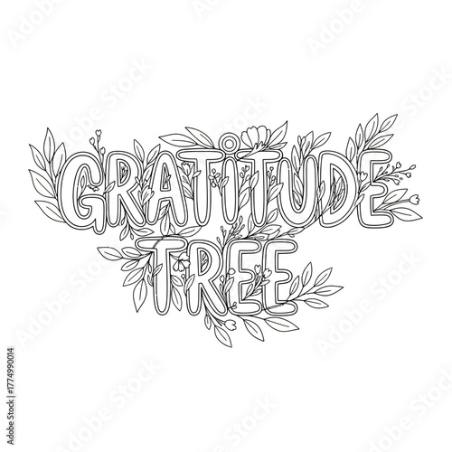 A heartwarming and simple illustration of the word 'Gratitude' adorned with delicate leaves, perfect for conveying thanks and appreciation