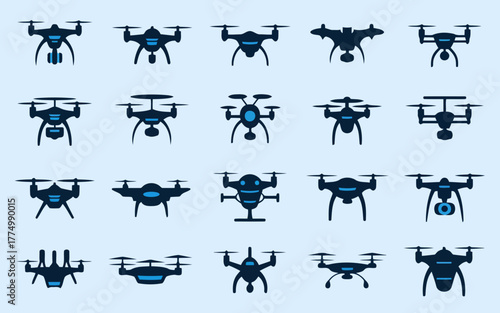 A grid of drone icons in various styles and configurations, showcasing aerial technology and unmanned vehicles