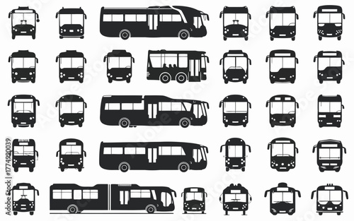 Variety of bus and coach illustrations, featuring different models and sizes, including articulated and doubledecker buses, isolated on a