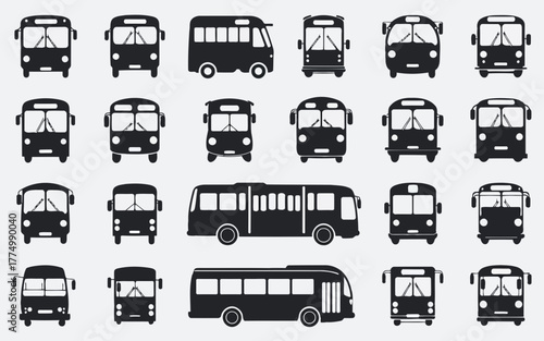 Assortment of bus icons and illustrations, showcasing various bus types and perspectives, all isolated on a