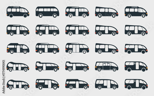 Collection of various minivan and van silhouettes in a grid layout on a plain background, showcasing different models and designs for transportation and travel