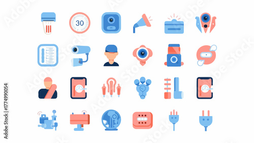 Diverse set of smart technology icons, including security cameras, timers, and user profiles, presented on a