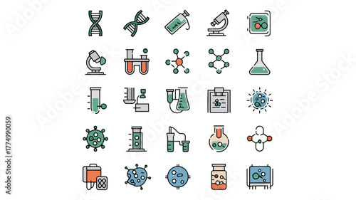 Collection of science and medical icons, including dna, microscopes, test tubes, and viruses