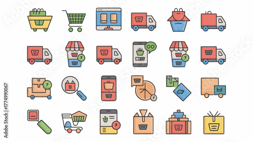 Collection of ecommerce and delivery icons, including shopping carts, delivery trucks, packages, and online shopping elements