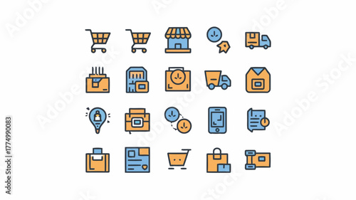 Assortment of flat design icons for online retail and shipping, showcasing shopping carts, delivery vehicles, packages, and digital services