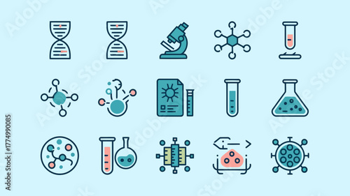 A collection of science and medical icons including dna, microscope, test tubes, molecules, and virus symbols on a light blue background