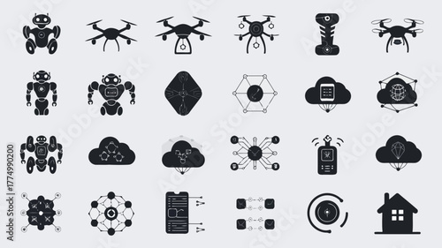 Collection of icons representing technology and artificial intelligence, including robots, drones, cloud computing, and network connections, all in a clean, modern style