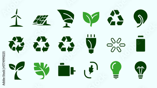 Diverse set of green ecofriendly icons including wind turbines, solar panels, leaves, recycling symbols, and light bulbs, symbolizing sustainability and renewable energy