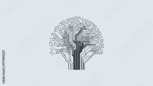 Abstract representation of a tree made of electronic circuit board traces and components, symbolizing digital growth and technology