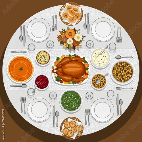 An inviting top-down view of a bountiful Thanksgiving dinner table, meticulously prepared for a festive family gathering, showcasing an array of delicious holiday dishes