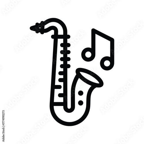 Black outline icon of a saxophone with two musical notes instrument jazz isolated white background,