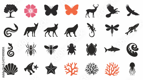 Diverse collection of animal and nature silhouettes, featuring a tree, flower, butterfly, deer, eagle, snake, fox, wolf, lizard, dragonfly, shark, shell, starfish, coral, and jellyfish
