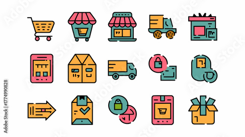 Collection of online shopping and delivery icons including shopping cart, store, delivery truck, package, mobile phone, and security lock symbol