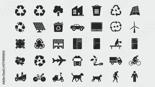 Collection of black and white icons representing ecofriendly living, transportation, and industry, including recycling symbols, solar panels, cars, and wind turbines