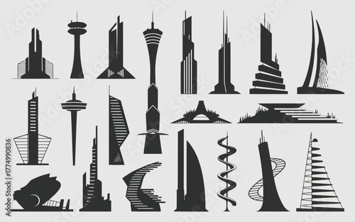 Silhouettes of futuristic skyscrapers and modern architectural buildings, showcasing innovative and avantgarde city skyline designs with unique shapes and structures