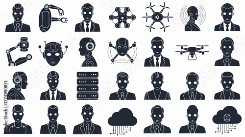 Silhouette icons representing artificial intelligence, robots, drones, and technology, including server racks and cloud computing, on a plain background