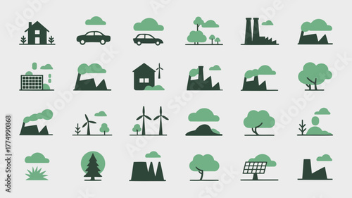 Collection of environmental icons representing industry, nature, and renewable energy sources, including factories, trees, cars, and wind turbines
