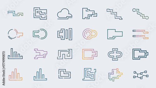 A diverse set of abstract geometric icons and symbols, including mazes, graphs, clouds, and interconnected shapes, in a minimalist outline style
