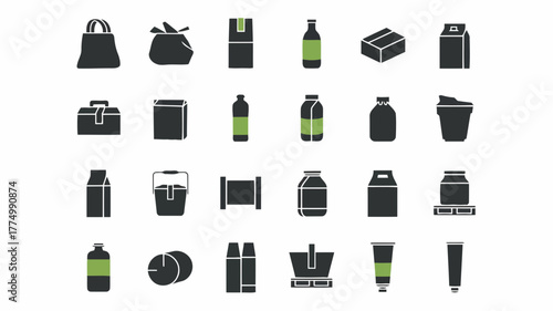 Collection of black packaging and container icons with green accents