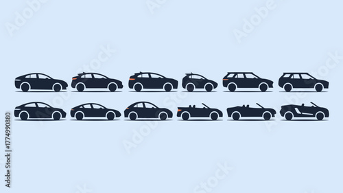 Set of dark blue car silhouettes in various styles, including sedans, suvs, and convertibles, against a light blue background