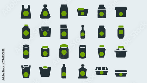 Assortment of black and green packaging and container icons, including bottles, jars, and bags, on a light gray background