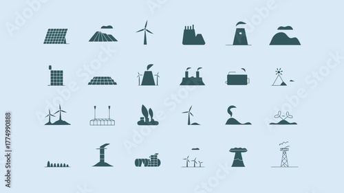 A diverse set of silhouette icons depicting various energy production methods, including solar farms, wind turbines, industrial factories, and natural elements like mountains and lighthouses