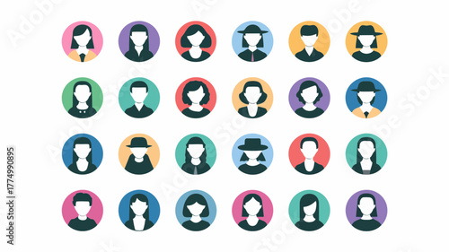 Circular avatars of diverse individuals with varied hairstyles, hats, and clothing, presented in a vibrant color palette, symbolizing user profiles and identity