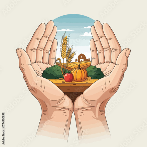 Cupped hands cradle a bountiful harvest farm scene, symbolizing gratitude and abundance perfect for a thanksgiving dinner and a warm family gathering during the thanksgiving season