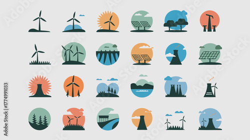 Set of icons representing renewable and traditional energy sources, including wind turbines, solar panels, and industrial power plants