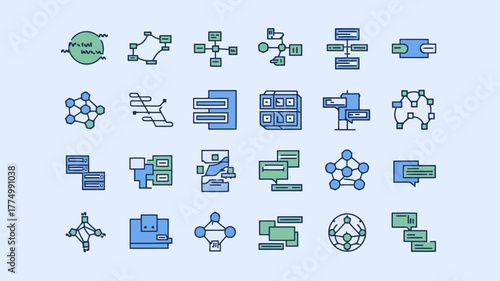Collection of icons and diagrams illustrating concepts of networking, data flow, organization, and interconnected systems