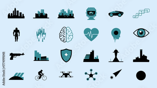 Collection of futuristic and technology icons including cityscapes, robots, brains, hearts, eyes, guns, buildings, shields, drones, and abstract shapes on a light blue background