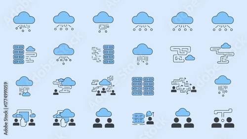 Cloud computing icons illustrating data storage, network connections, user interaction, and digital services with servers and people symbols