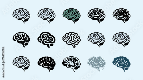 Varied stylized illustrations of human brains in different colors and line art styles, representing thought and cognition