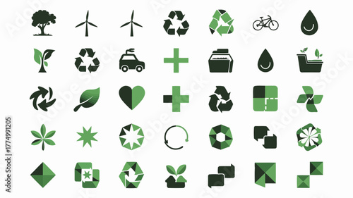 Collection of green ecofriendly icons and symbols, including recycling, nature, and renewable energy elements