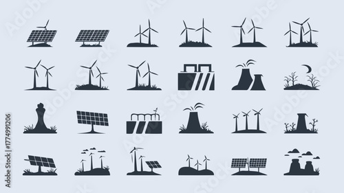 Set of renewable energy source icons, featuring solar panels, wind turbines, and industrial power plants