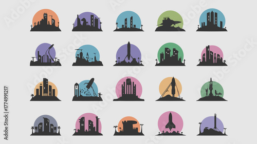 Collection of futuristic city skylines and rocket launch silhouettes against colorful circular backgrounds, representing space exploration and urban development