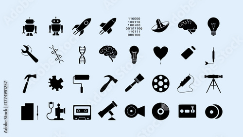 A monochrome collection of black silhouette icons representing science, technology, and creativity, including robots, rockets, brains, and tools