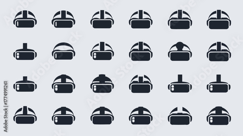 Collection of virtual reality headset icons in various styles and perspectives, displayed in a uniform grid on a light gray background