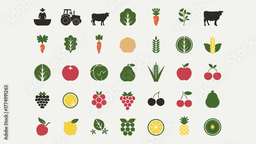 Collection of farm and food icons, including fruits, vegetables, and farm animals, presented in a grid layout on a neutral background