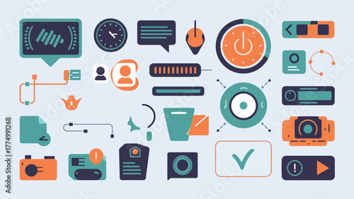A vibrant assortment of flat design icons in teal and orange, featuring elements like clocks, chat bubbles, loading bars, cameras, and checkmarks