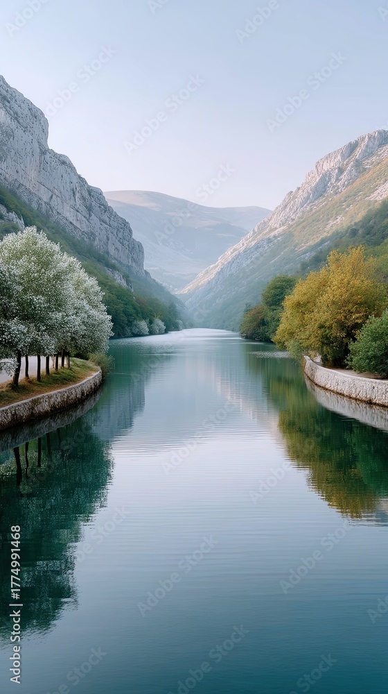Fototapeta premium Serene turquoise river flowing through a majestic canyon with lush green trees on the banks under a clear sky and soft sunlight creating a tranquil landscape reflection