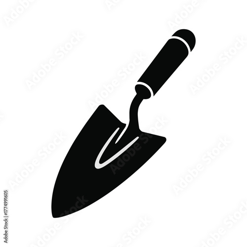 Black silhouette of a garden trowel with a curved handle and pointed blade on a white background garden tool