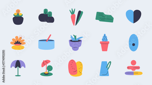 A collection of colorful, flat design icons representing nature, plants, and abstract shapes, perfect for digital and print projects